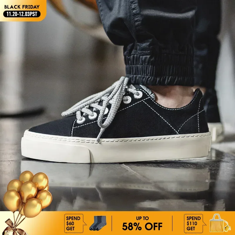 

Maden Casual Black Thick-soled Canvas Shoes Low-top Height-increasing Shoes Versatile Sports Sneakers for Men's Fall and Winter