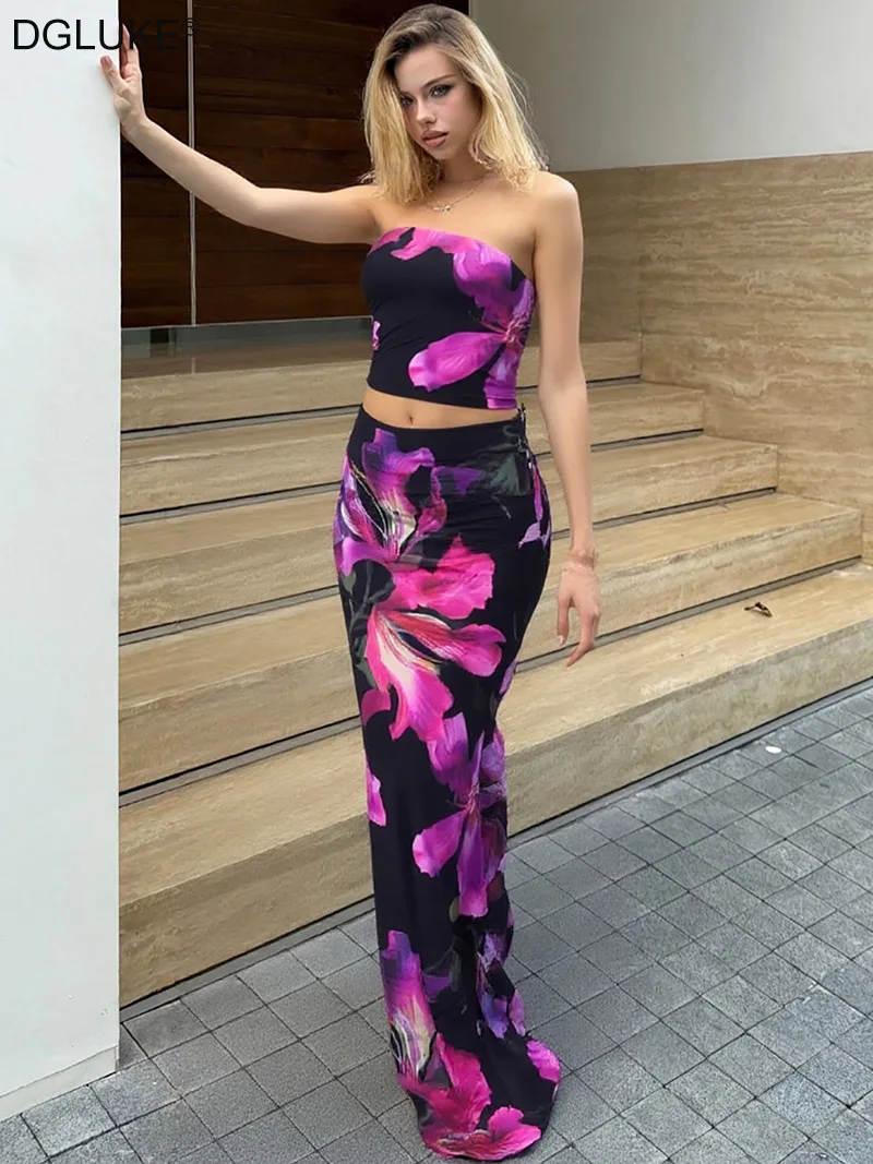 

DGLUKE Floral Print 2 Piece Sets Woman Summer Outfit Tube Top And Long Skirt Sets Sexy Beach Club Outfits Leopard Co ord Set