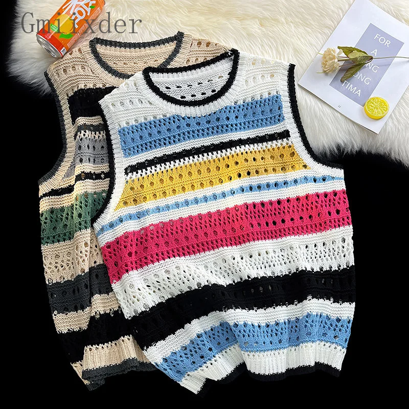 

Contrast Striped Hollowed Out Knit Tank Top Men's Oversize Summer Japanese Outerwear Layered Bf Couple Knitwear Sleeveless