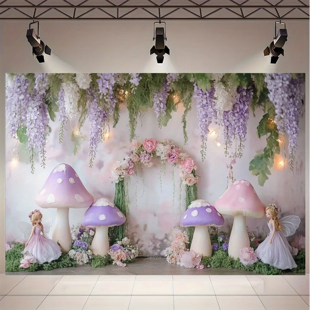 Ein Fantasy-Fee-Fotohintergrund mit violetten Pilzen, bezaubernde Waldatmosphäre und skurrilen Partydekorationen L