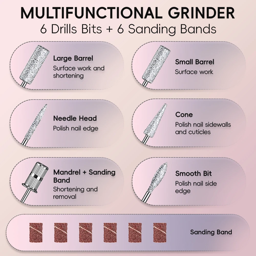 Professioneller Elektrischer Nagelbohrer, USB-Betriebene Tragbare Nagelfeile für Acryl- und Gelnägel, Maniküre-Pediküre-Werkzeug mit 6 Bohrern – Detail 2