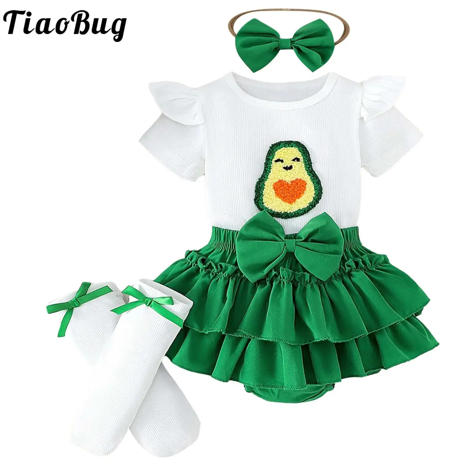 

Infant Girls Clothing Cute Summer Outfit Short Sleeve Romper with Bowknot Bloomers Skirt Socks for Baby Shower Birthday Party