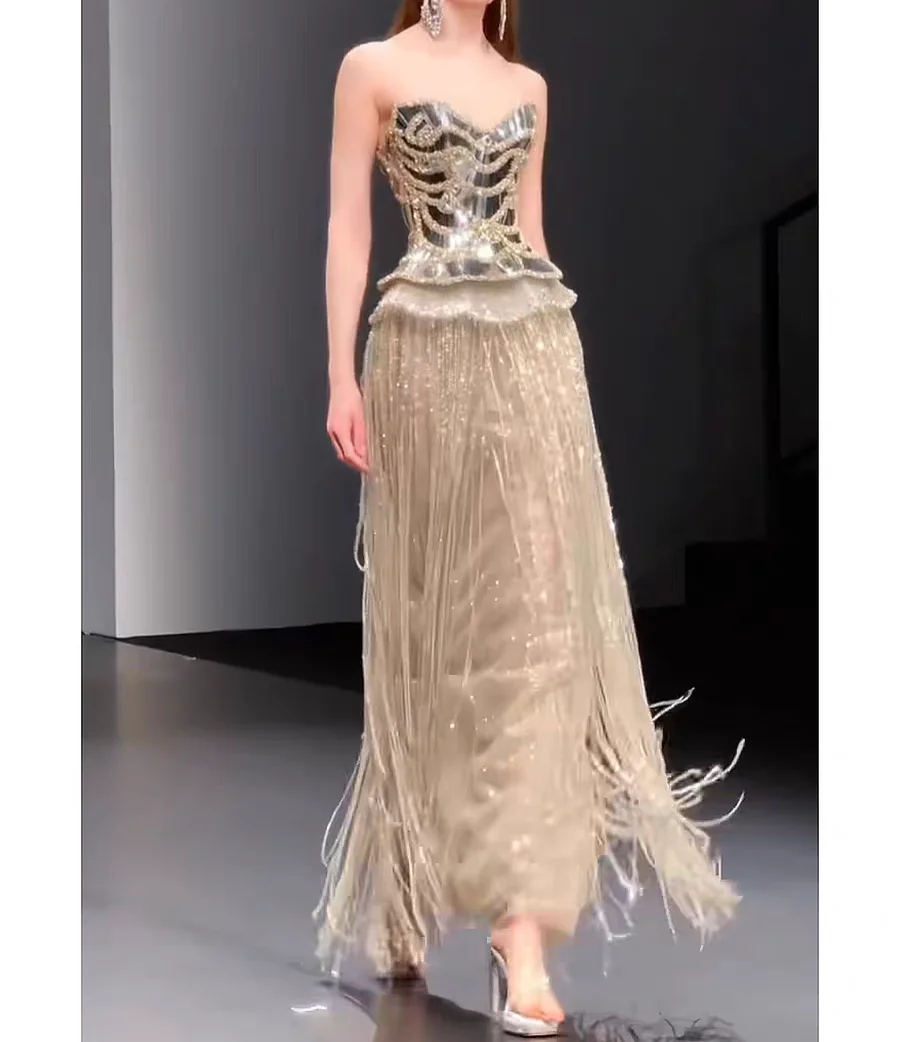 Customized Strapless Metallic Mirror Beaded Corset Evening Dress Multi-Layer Long Fringe Flowy Skirt Runway Show
