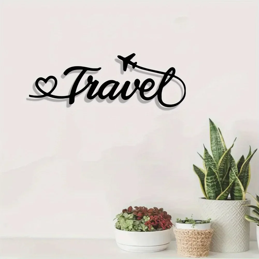 CIFBUY Travel Cursive Metal Wall Sign With Airplane Heart Black Letter Wall Decor Home Wall Hanging