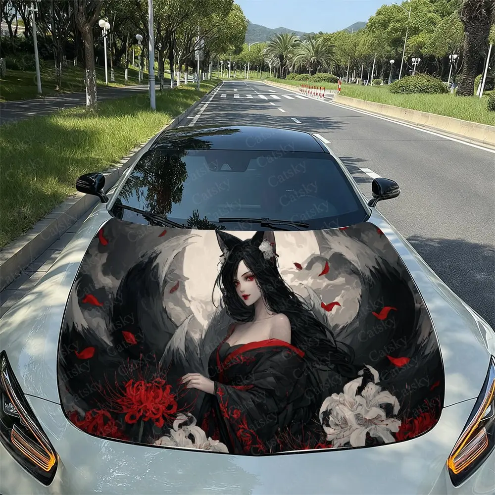 

Виниловая пленка для автомобиля с изображением Красноглазого лисьего духа и Красной паучинной лилии, водонепроницаемая наклейка на капот автомобиля из ПВХ, самоклеящиеся устойчивые к царапинам наклейки