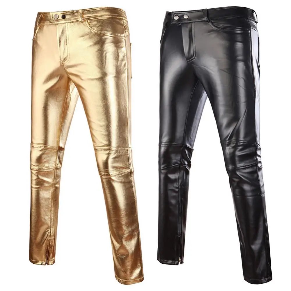 Pantalones informales para hombre, calzas ajustadas, brillantes, doradas, plateadas, de cuero PU, para motocicleta, club nocturno, escenario para