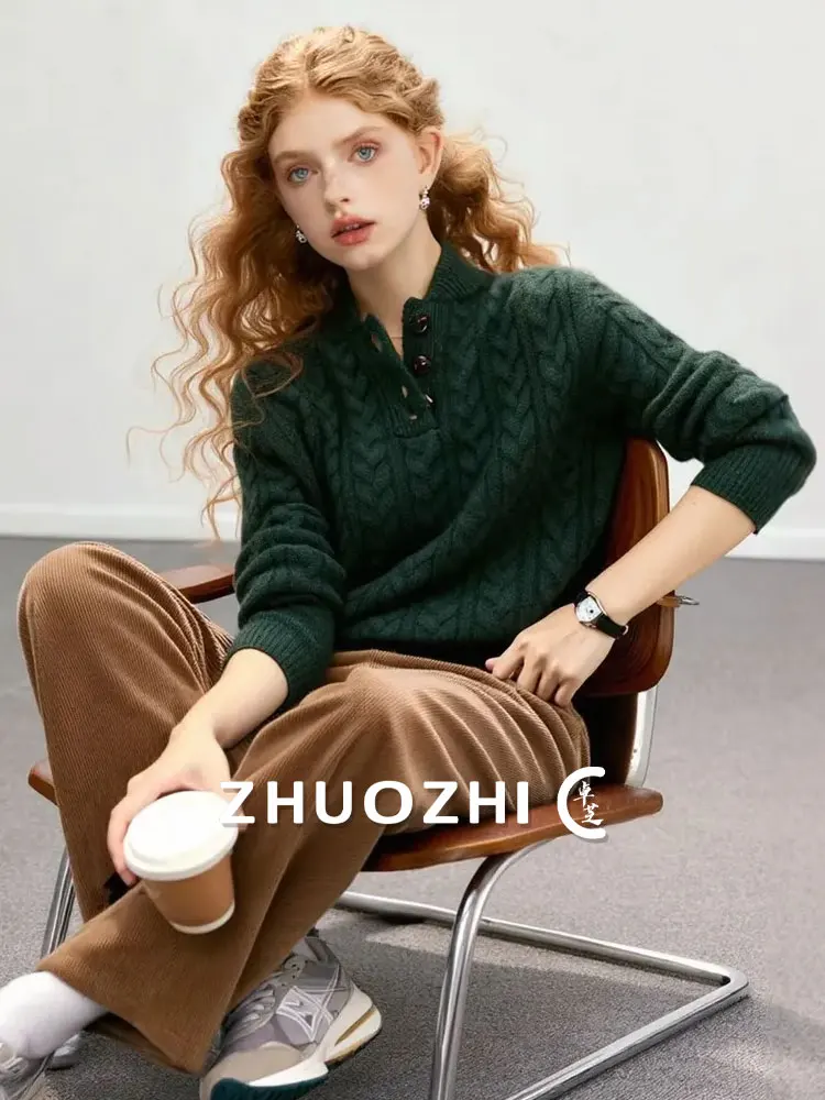 

Вязаный свитер ZhuoZhi в винтажном стиле с воротником-стойкой и пуговицами, мягкий, теплый, женский, осенняя новинка, удобный, повседневный