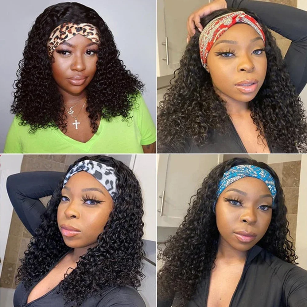 Kinky Curly Headband Wigs 180% Density Wear to Go Water Wave Headband Wig 20 Inches Brazilian Human Hair Glueless Wig For Women