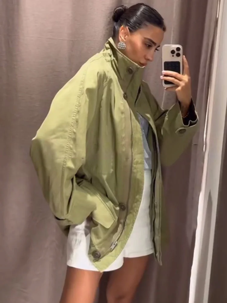 HH 女性秋ルーズコートファッションジッパーボタンポケットデザイン長袖ハイカラーコート女性シックなストリートスタイルジャケット