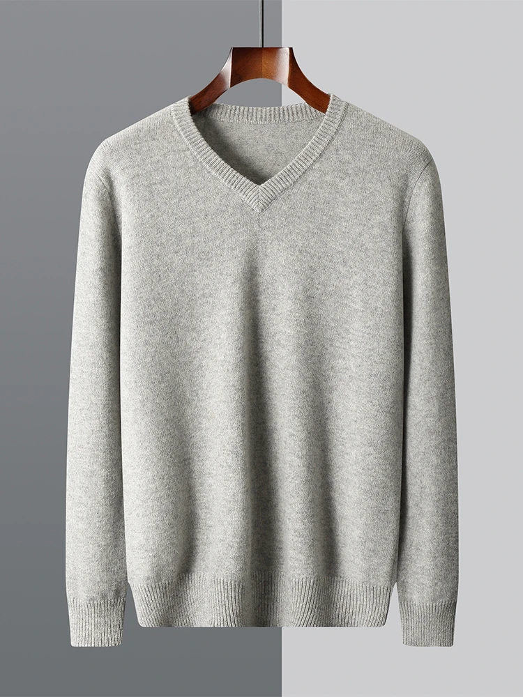 Thick Men's 100% Merino Wool Cashmere V-neck Sweater Pullover Smart Casual Basic Long Sleeve Knitwear Clothes Tops Autumn Winter