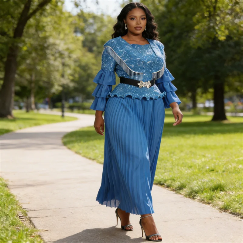 

Miyake Pleated Skirt Suit for Women 2026 New Hot Stamping Printed Fungus Top + Loose Long Skirt Two-piece Set