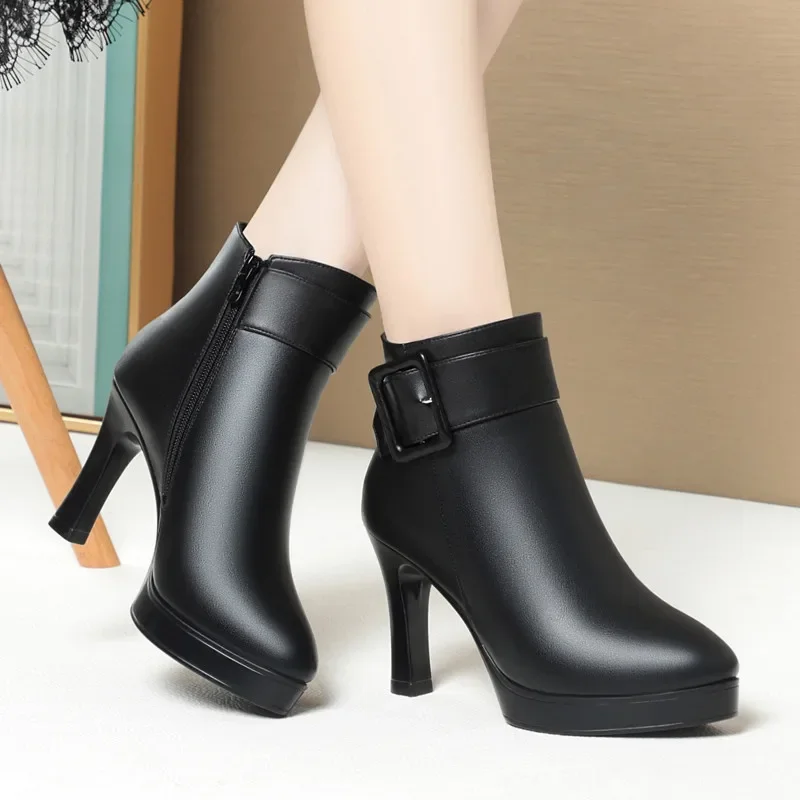 7cm 9cm Comfortable Fashion Soft Leather Boots Women\'s Winter Cotton Fur Shoes 2024 Block High Heels Ankle Boots for Office Mom