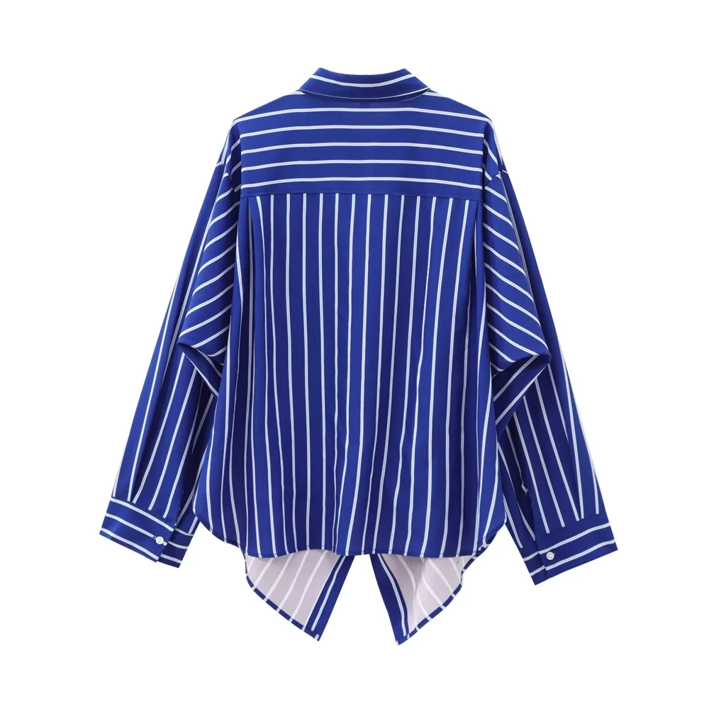 TRAF Autumn New Product Women\'s Fashion Casual Loose Blue Striped Bat Sleeve Collar Long Sleeve Shirt