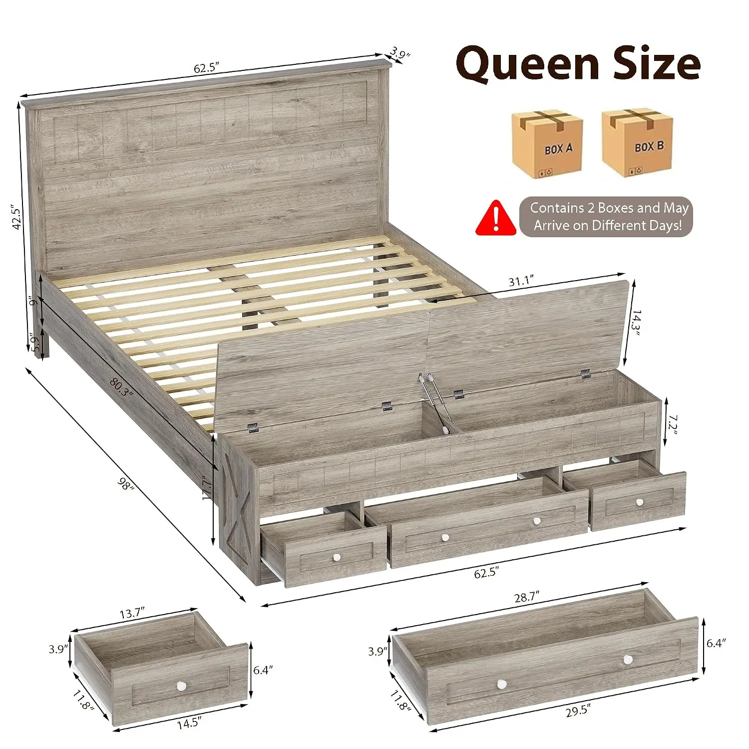 Farmhouse Queen Bed Frame with Headboard & Storage Bench Rustic Gray, Customized