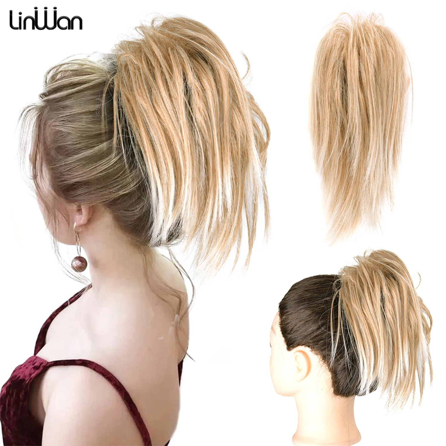 Extensiones de pelo sintético para mujer, moño de pelo liso, moño de garra esponjosa desordenado, envoltura Scrunchy, piezas de cabello falso Updo