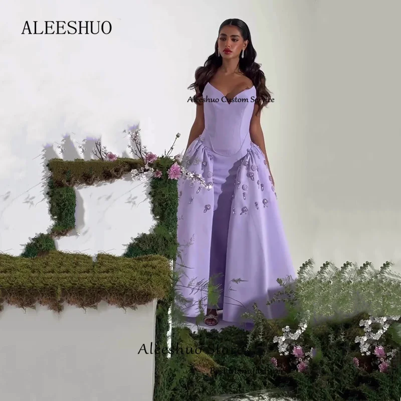 Aleeshuo Elegant Purple Long A-Line Prom Dresses Sleeveless Sexy V-Neck Evening Dress Pleat Crystal Vestido فساتين مناسبة رسمية