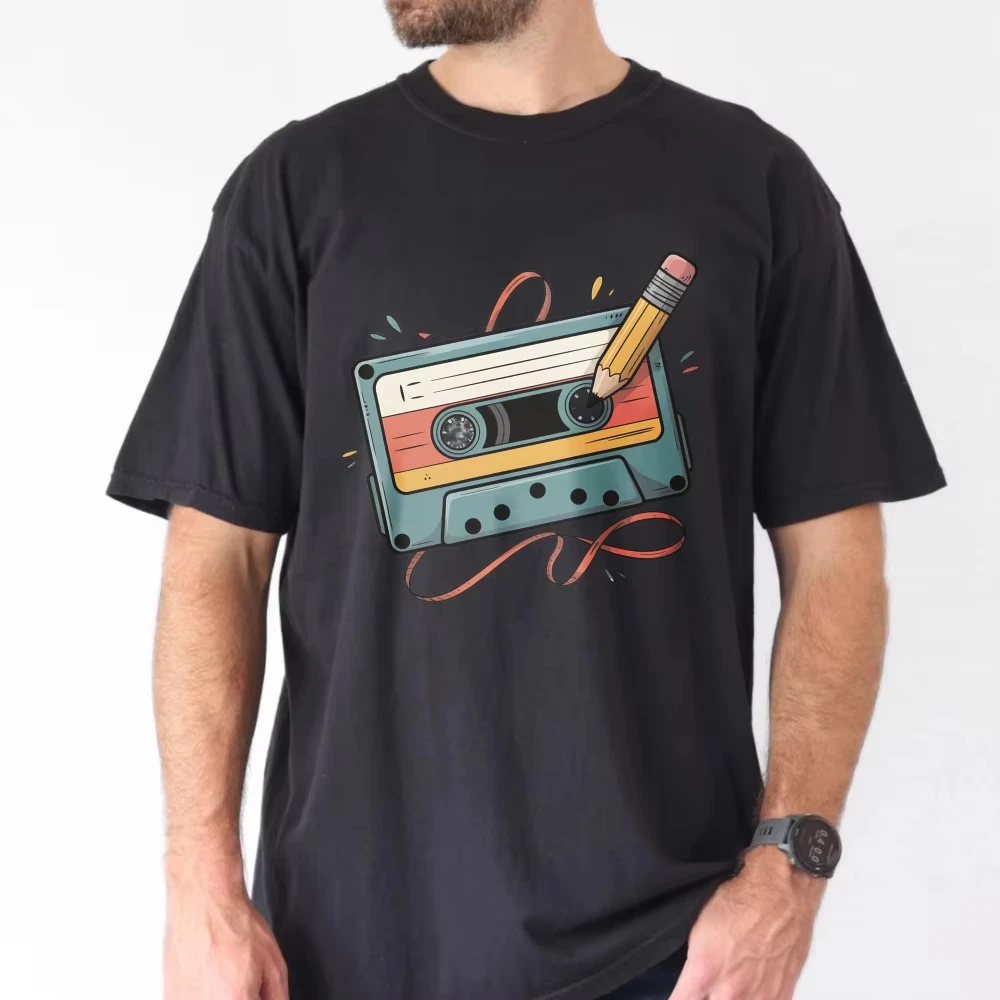 Retro Cassette Tape Printing Tshirt 80s 90s Music Lover Tees Vintage Mixtape Pencil Rewind Funny Tops Unisex Casual Retro Shirt