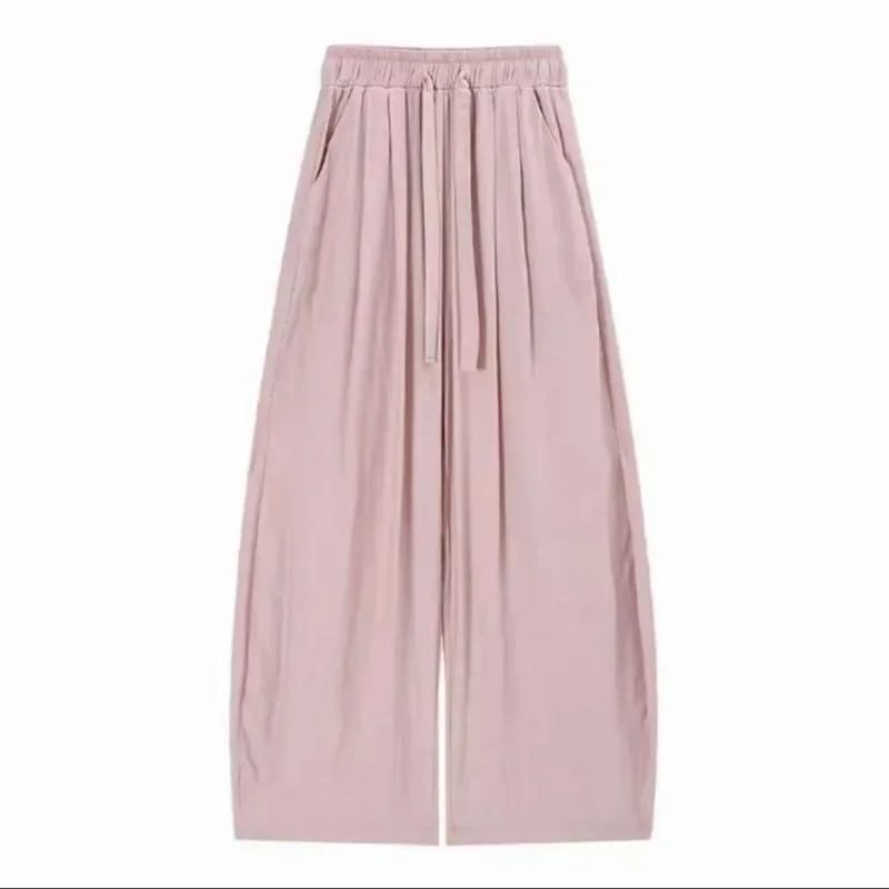 Womens Linen Tencel Wide Leg Pants High Waist Drawstring Loose Casual Slouchy Curved Leg Trousers For Summer