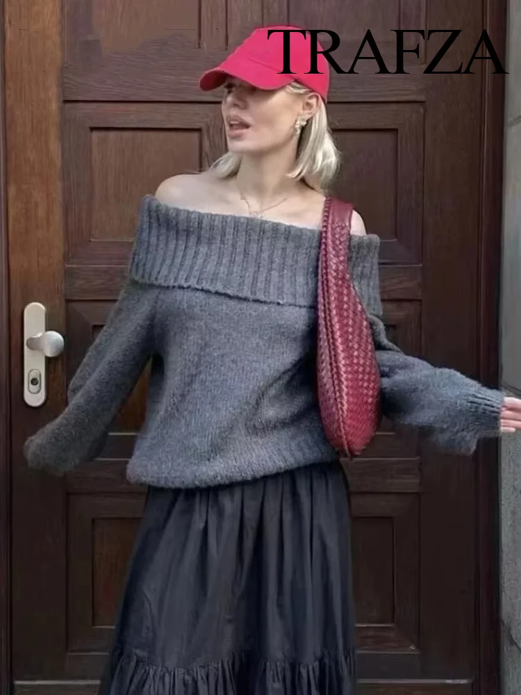 TRAFZA Women's Autumn New Fashion Lapel One-Shoulder Pullover Sweater Female High Street Casual Loose Solid All-Match French Top