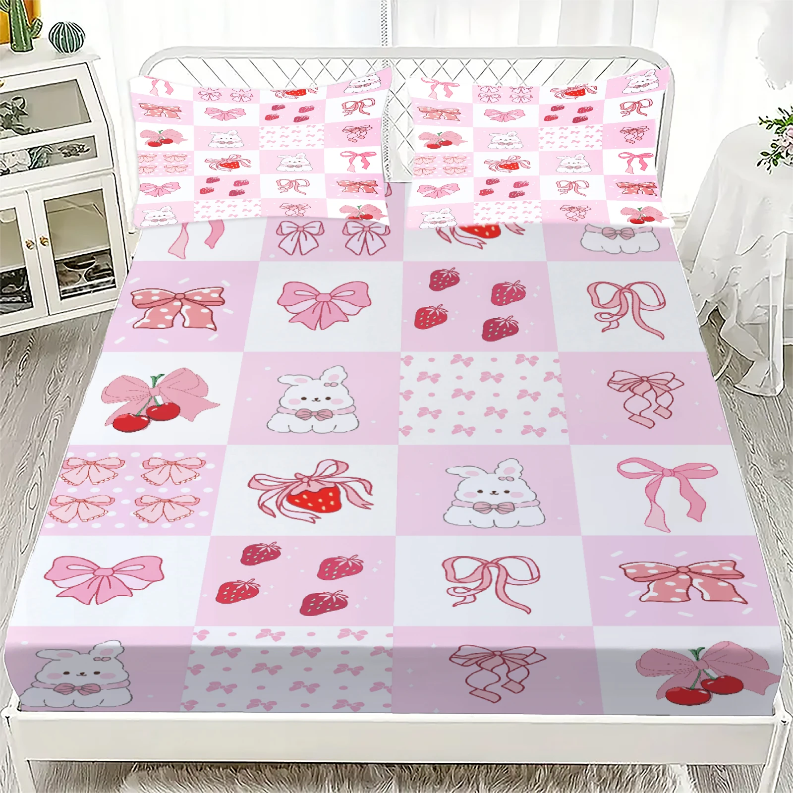 3点セット-フィットシーツ-ピンク-ハート-蝶結び-花柄-プリント-ポリエステル-通気性-寝具セット-ホームデコレーション用-枕カバー2枚付き