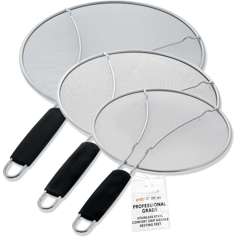 

13", 11.5", 9.5" Stainless Steel Fine Mesh Splatter Screen -Use on Boiling Pots, Frying Pans -Grease Oil Guard, Safe Cooking Lid