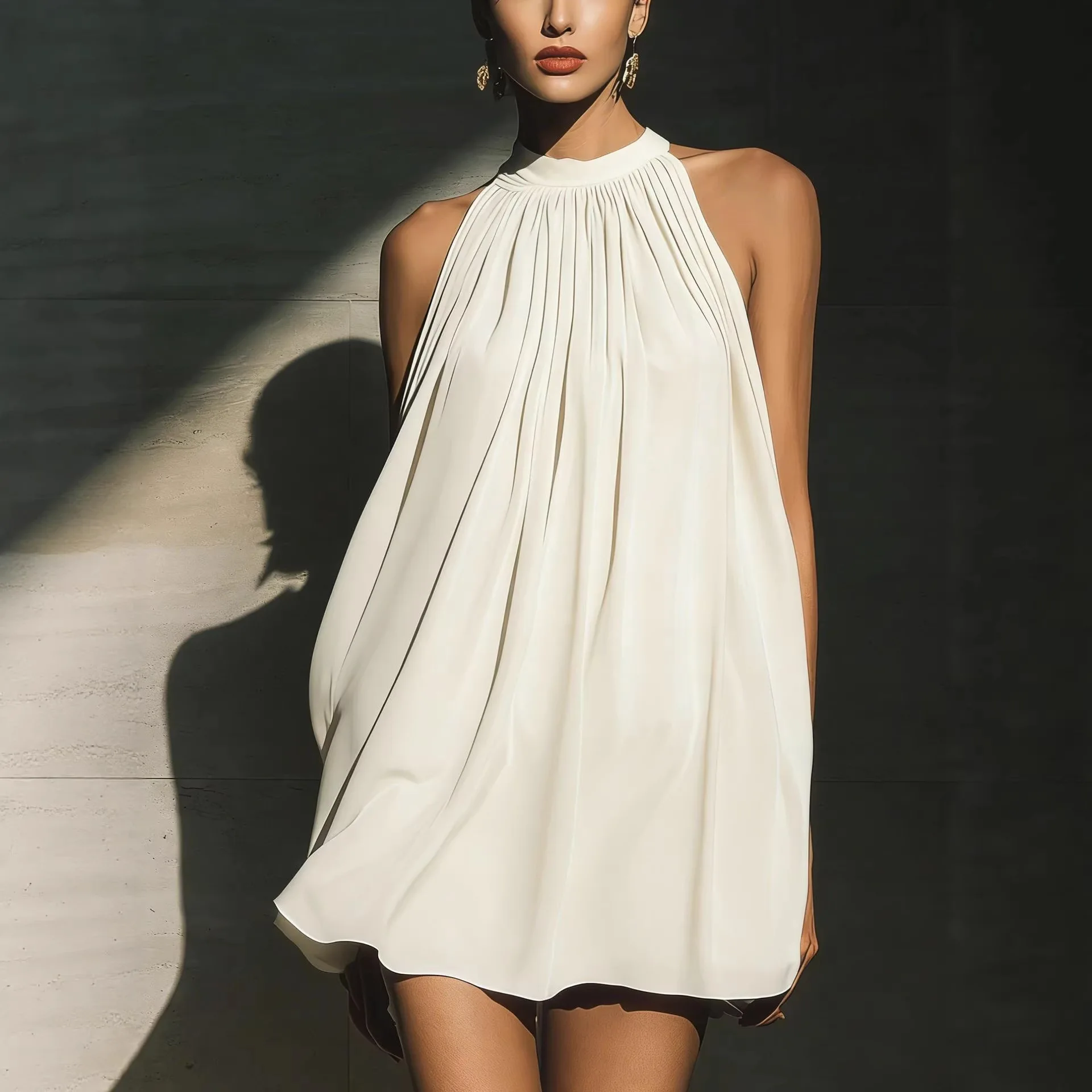 

European and American Summer New Style Fashionable Sexy Green High-Neck Backless Satin Mini Dress