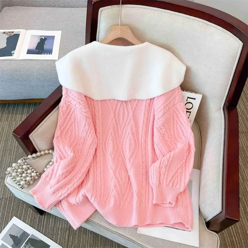 Sweet Peter Pan Collar Patchwork Knitting Pullovers Femme Autumn Winter Lively Cute Long Sleeve Loose Sweater Women Clothes Tops