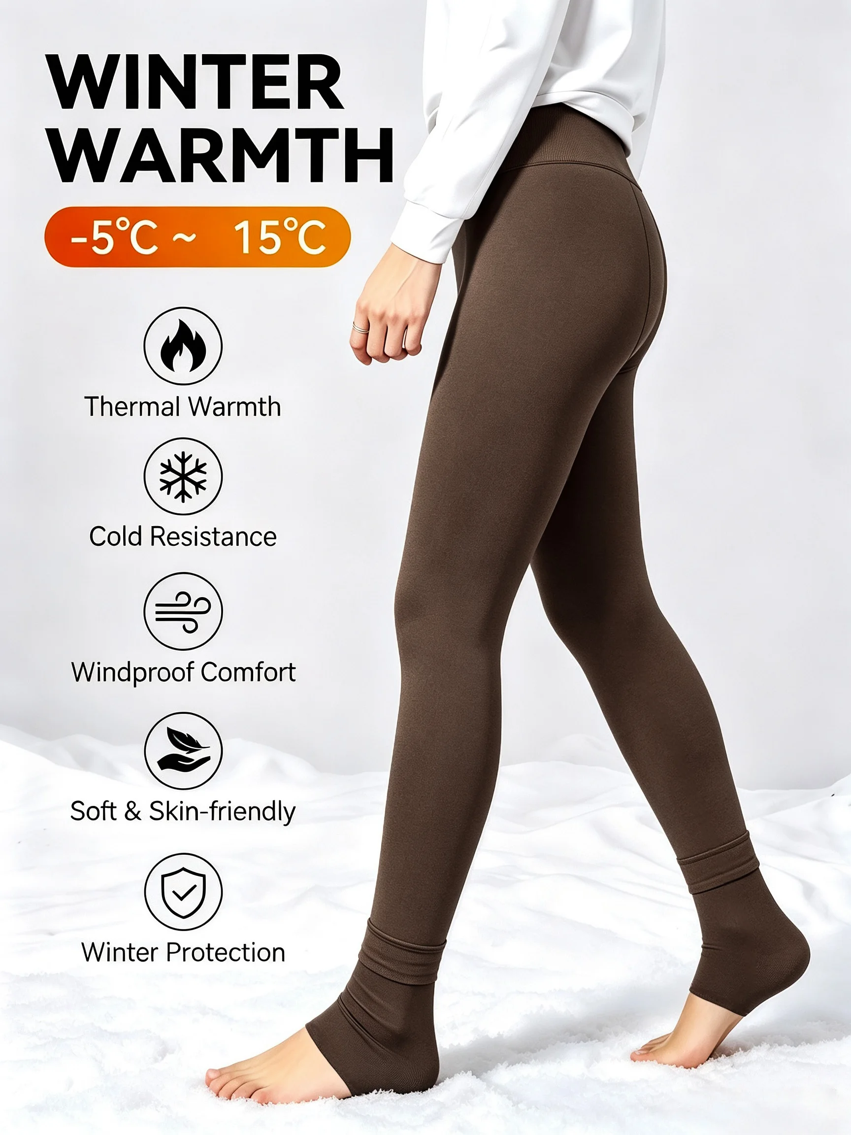 1er-Pack Kaffeebraune, mit Perlfleece gefütterte Stirrup-Thermo-Leggings, weich, dehnbar, kältebeständig, warme Hosen für Winterausflüge – Detail 3