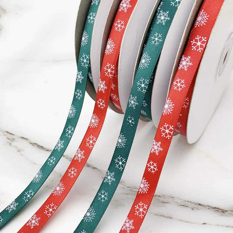 (25yards/50yards)/Roll 10mm Red Green Printed Snowflake Satin Ribbon Christmas Package Gift Ribbons Handmade DIY