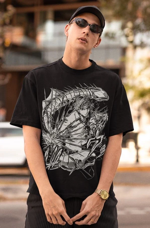 Anime Warrior Line Art Vintage Manga Character Sketch Giant Whale Beast Graphic Tee Cotton Mens Womens T-Shirt Summer Streetwear