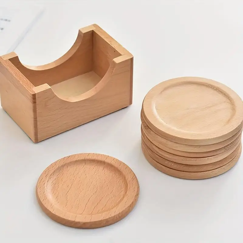 Untersetzer-Set aus natürlichem Buchenholz, hitzebeständig, mit Aufbewahrungshalter für den täglichen Gebrauch in Küche und Haushalt – Detail 3
