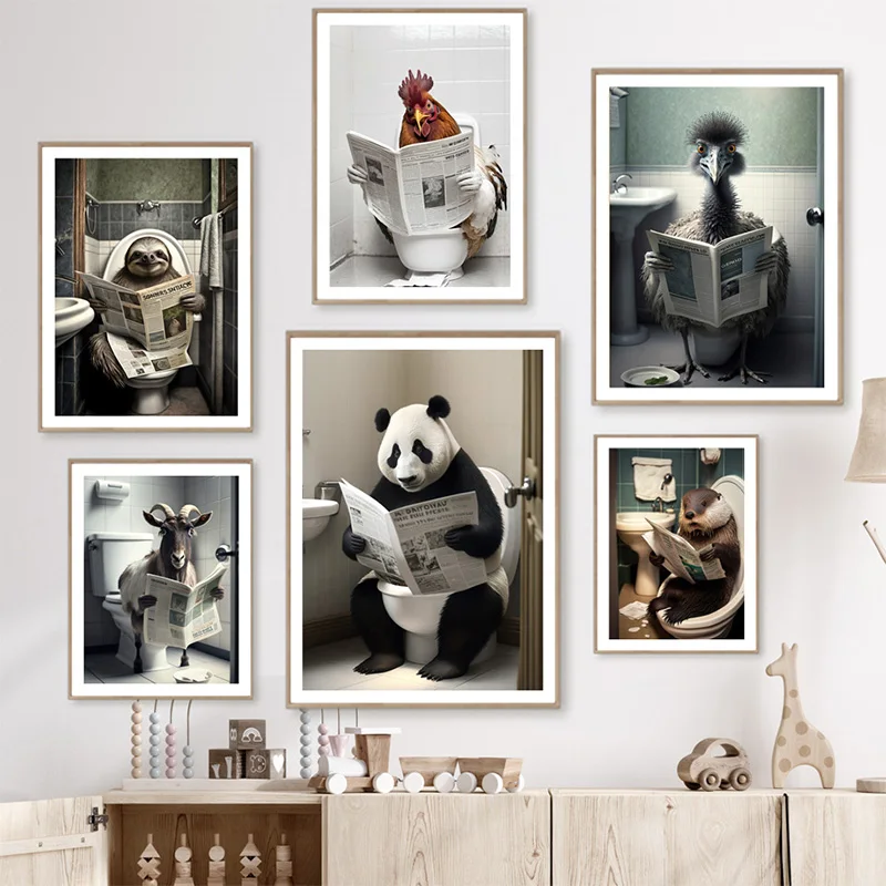 Funny Bathroom Humor Wall Decor Panda Goat Chicken Sitting On The Toilet Reading A Newspaper Poster Art Print Canvas Painting