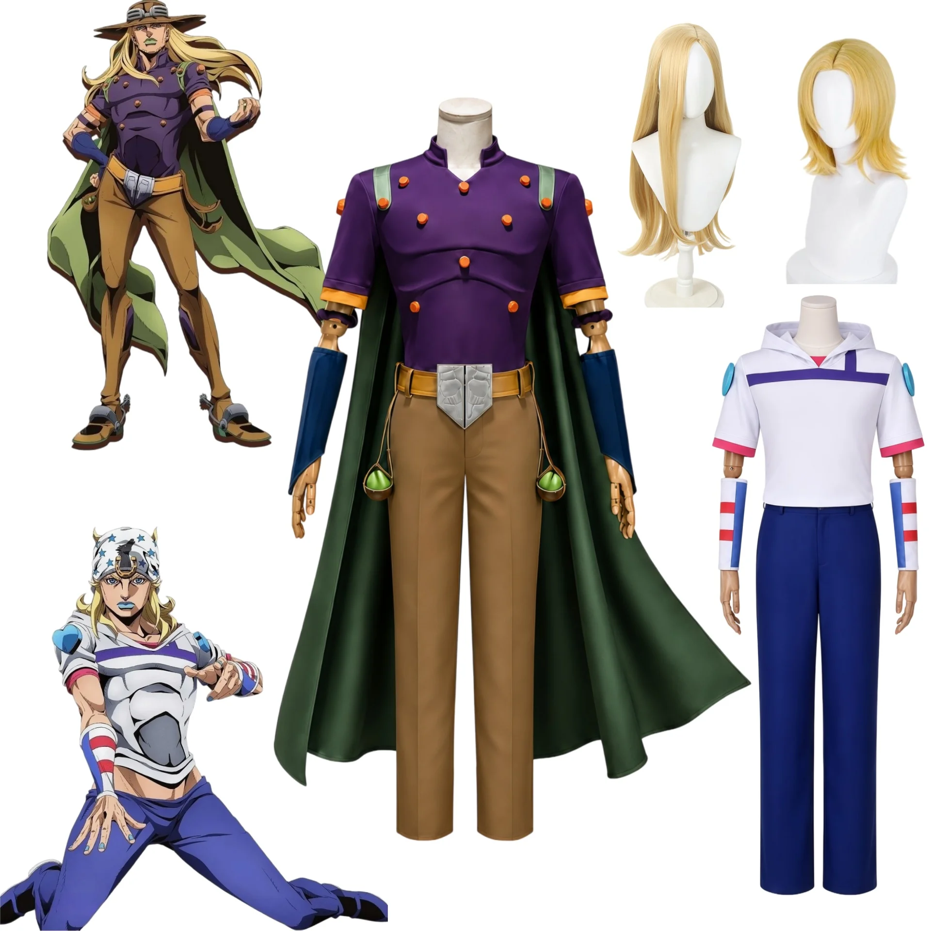 Disfraz de Cosplay de Julius Caesar Zeppeli y Johnny Joestar, Peluca de Anime, Disfraz de Jonathan Joestar y Gyro Zeppel para Fiesta o Actuación