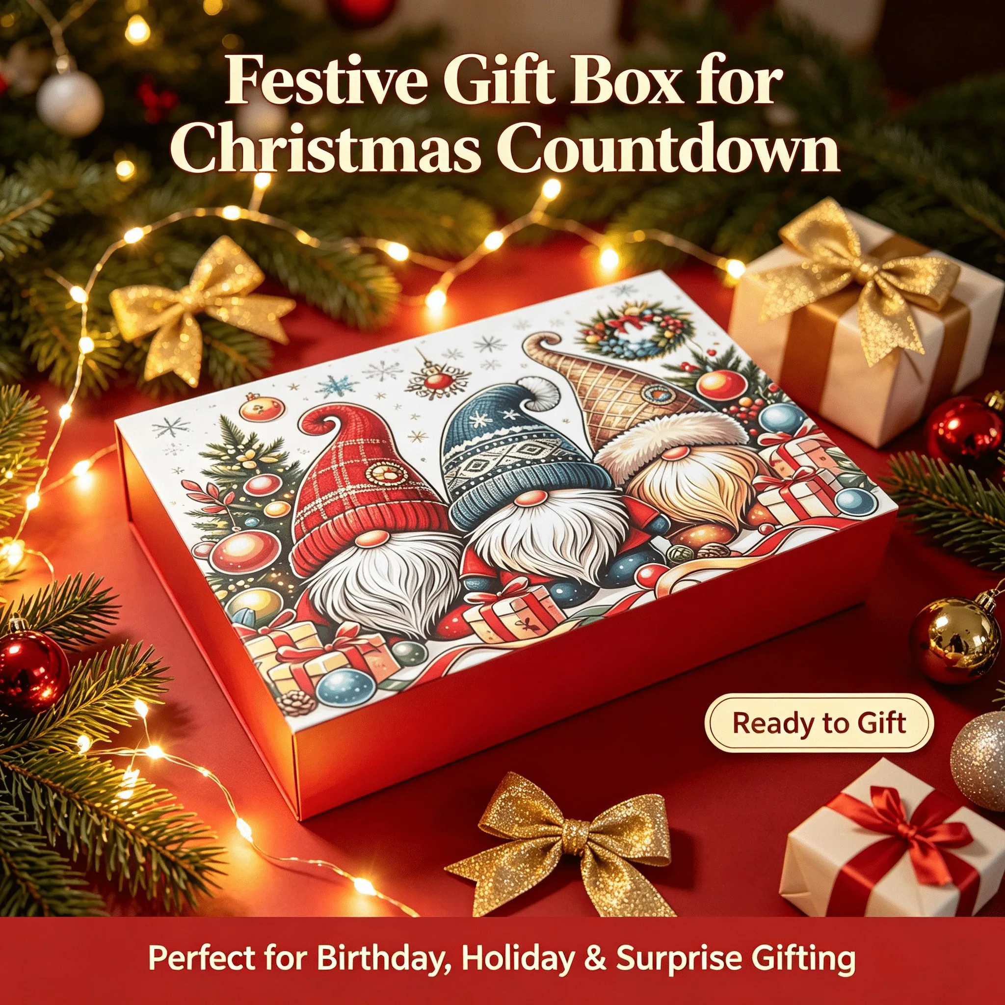 Nordic Gnome Refillable 12-Day Christmas Countdown Keepsake Box, Reusable Empty Advent Gift Box