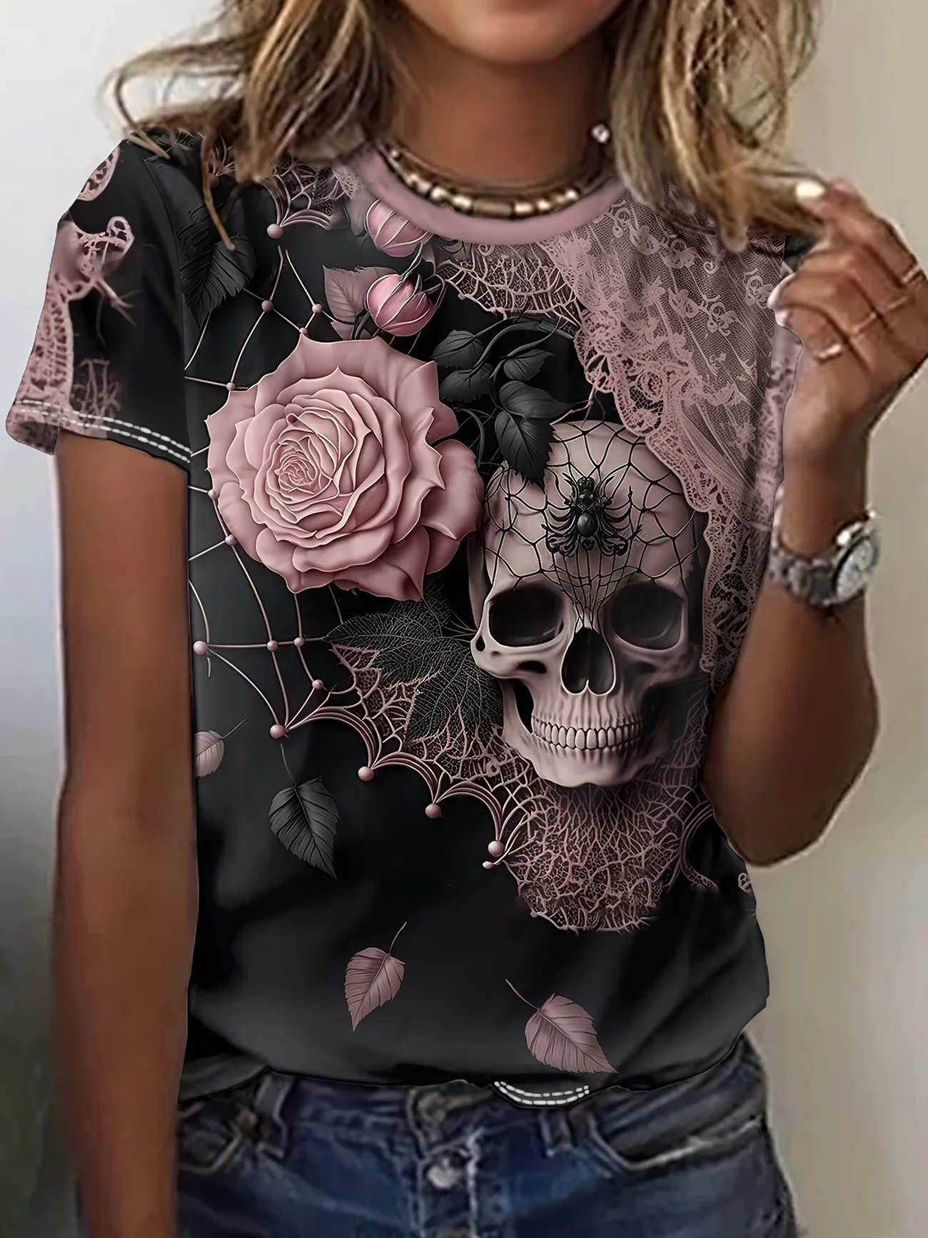 Gothic Skull Rose Print Women T Shirt Pink Floral Spider Web Casual Short Sleeve O-neck Dark Aesthetic Summer Tops