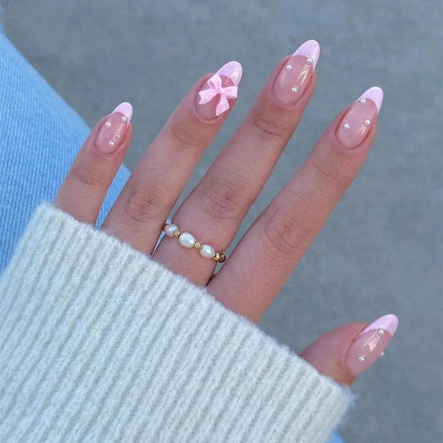24pcs Pink French Press on Nails Sweet Pearl Bows Fake Nail Short Almond Full Coverage Nail Tip for Women&Girl False Nail Art