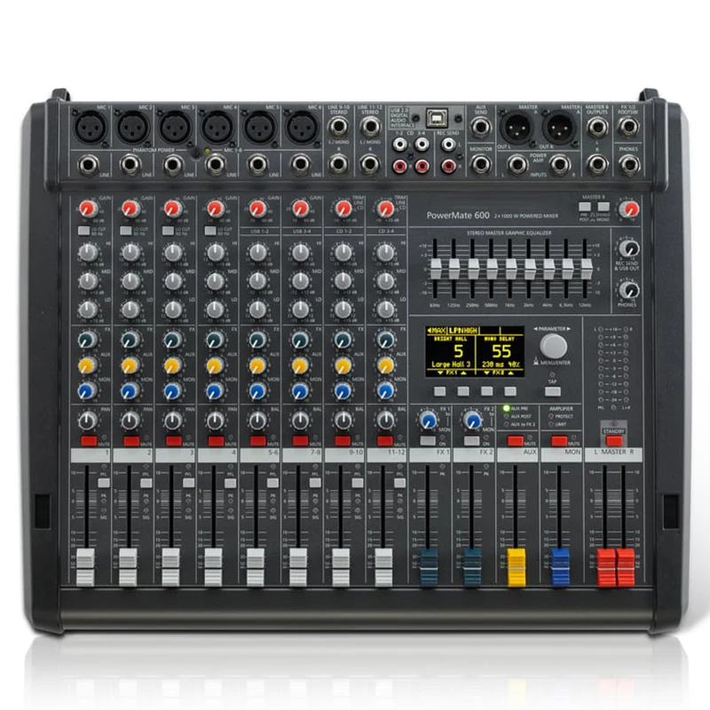 Console de mixage audio amplifiée Powermate PM600-3, réplique 1:1, 6+2 canaux, amplificateur intégré 2×1000W 4Ω, système de mixage amplifié professionnel pour DJ, scène, spectacles en direct, mariages et événements en club
