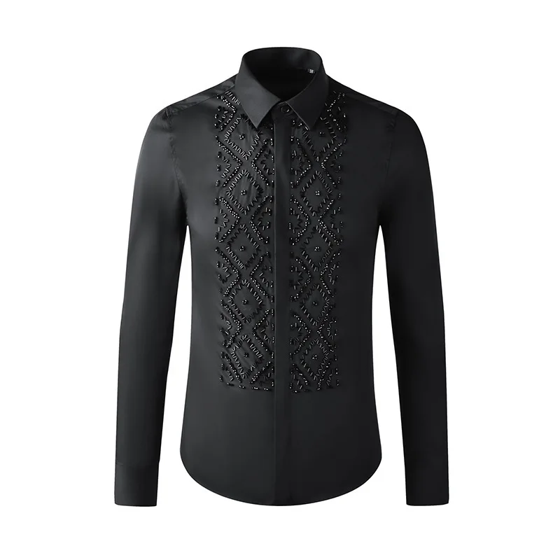 IEFB Hand Made Black Elegant Geometric Metal Stone Beads Sewing Men\'s Shirt Long Sleeve Light Luxury Design Blouse High Quality