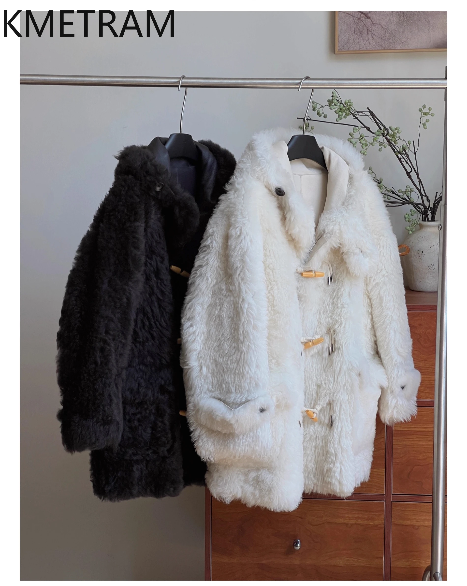 KMETRAM Naturalna Skóra Owcza z Wełną, Płaszcz Damski Średniej Długości, Kurtka z Prawdziwego Futra z Kapturem, Nowość w Kategorii Płaszczy, Zimowa Odzież Damska