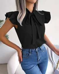 Women's Summer Blouse Solid Color Top Simple Bow Short Sleeved Shirt Women's Lace Sleeve Shirt