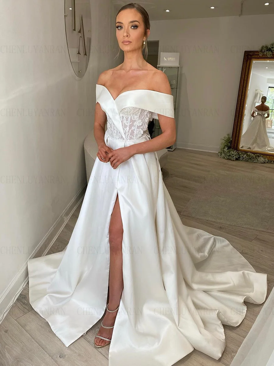 Sexy Satin Wedding Dresses Off-The-Shoulder Long Wedding Bride Dress High Quality Slit Dresses For Wome 2024 Vestidos De Novia