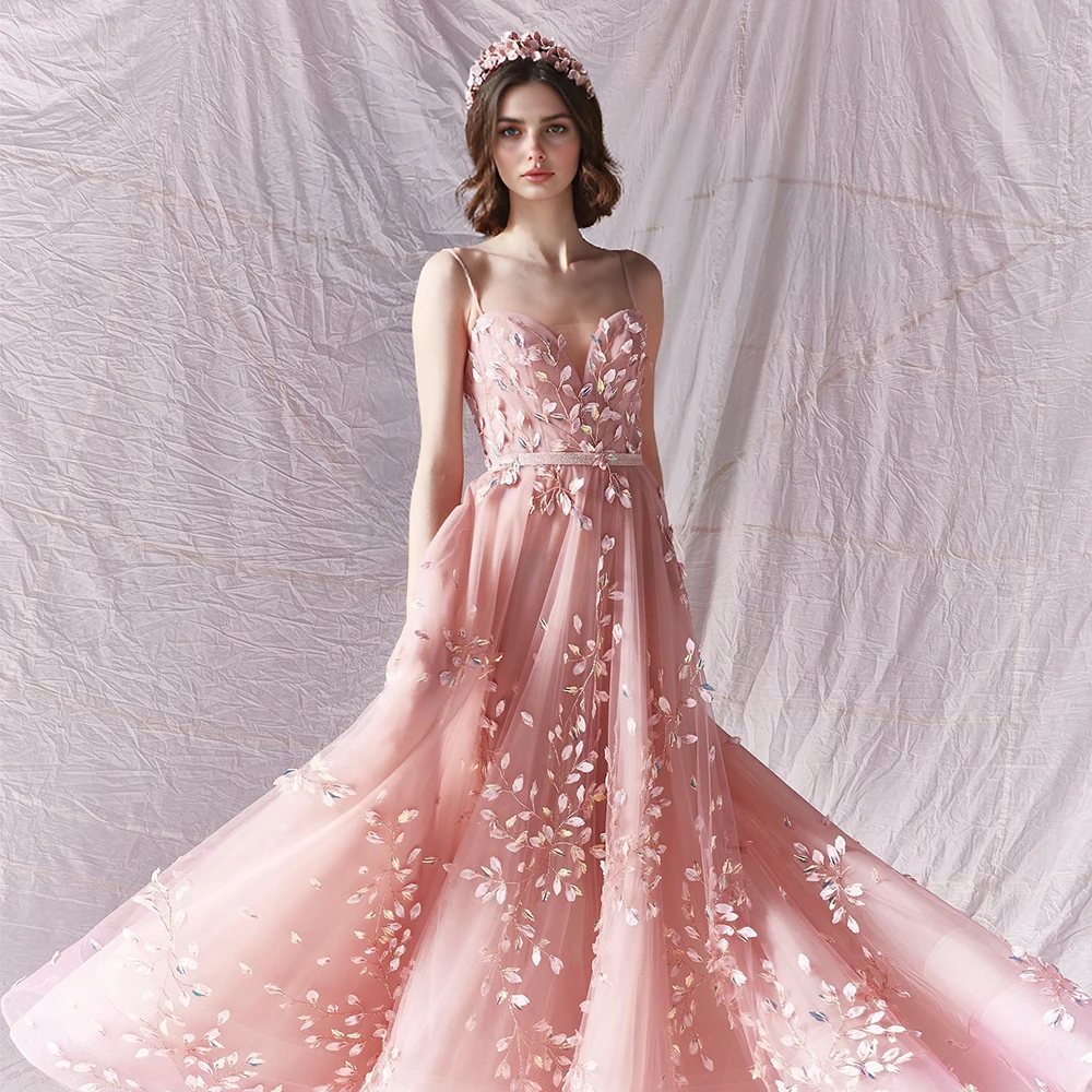 Maßgeschneiderte Spaghettiträger, luxuriöse, elegante Abendkleider, V-Ausschnitt, Applikation, Brautkleider für Partys, Frauen, Zeremonienkleid, Gala