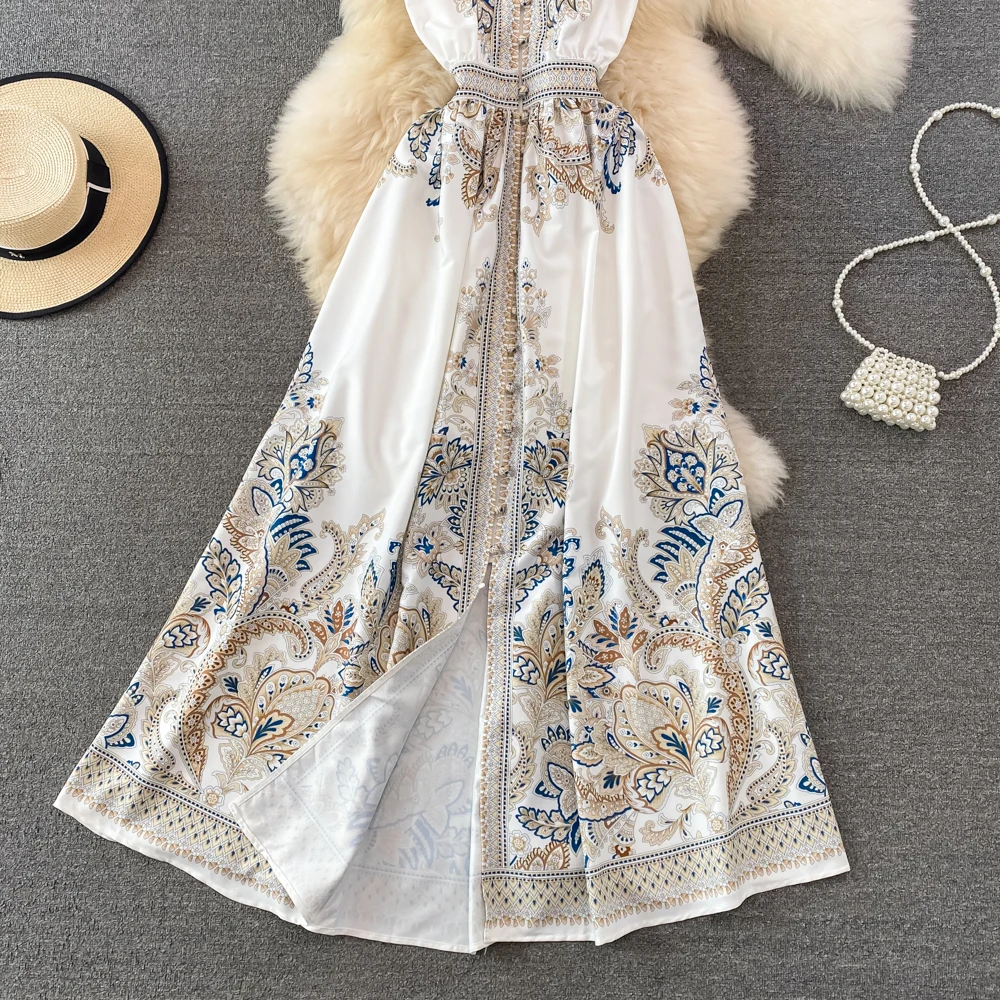 Summer Elegant Women's Long Dresses Sexy V-neck Sleeveless Ruffles Vintage Luxury Floral Print Party Maxi Dress Female Vestidos