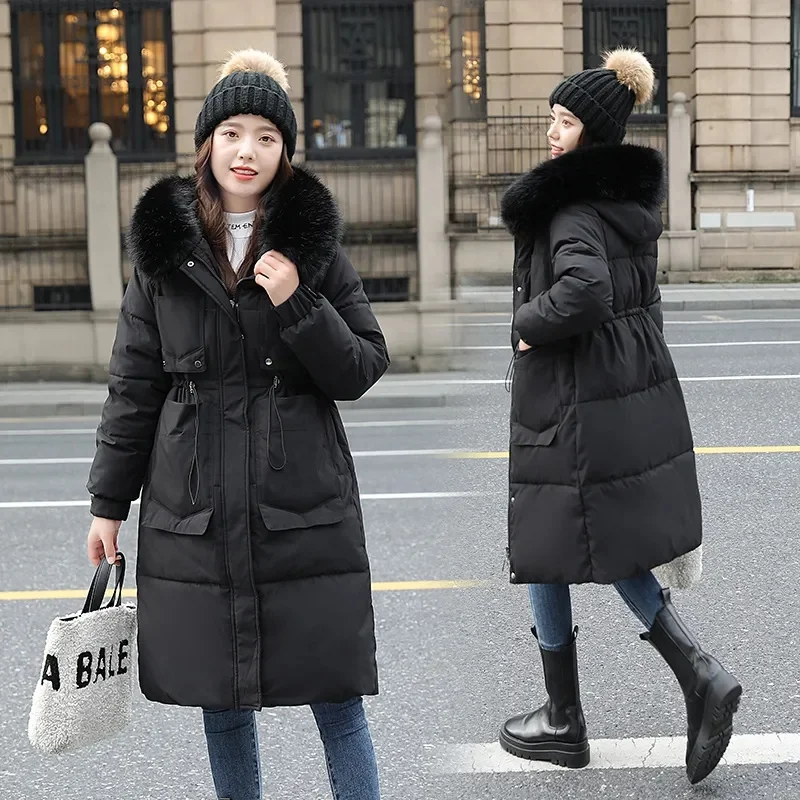 2023 neue Winter jacke Frauen Parkas langen Mantel Pelz kragen Kapuze weibliche lose lässige Baumwolle gepolsterte warme Puffer Parka Outwear