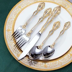 5-piece Set of 304 Stainless Steel Knife Fork and Spoon Retro Gold-plated Cutlery Set Steak Knife and Fork Gold Silverware Set