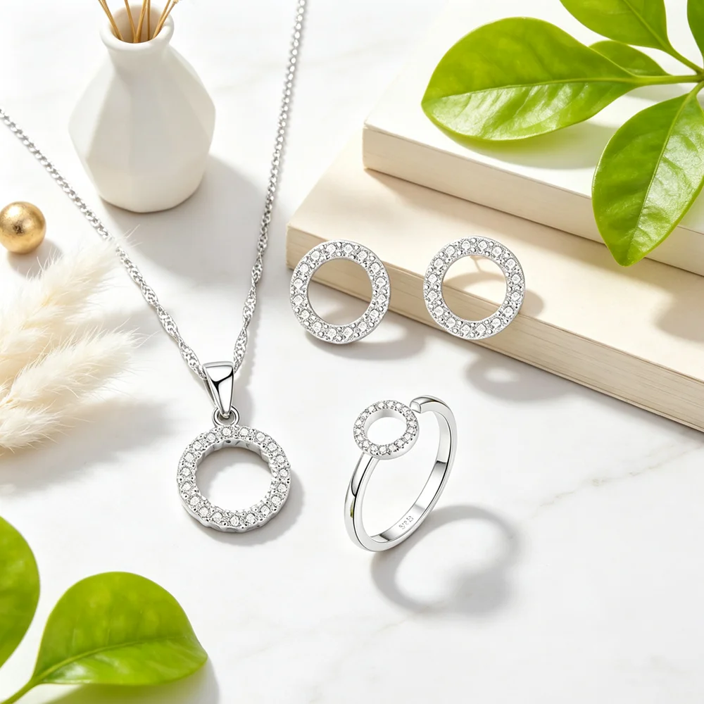 Hot Selling Round Pattern 925 Sterling Silver Jewelry Sets Necklace Earrings Ring For Women Girls Engagement Jewelry Accessory