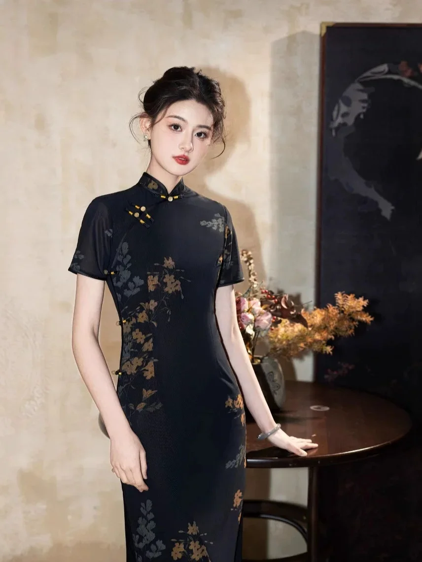 

Сексуальное китайское черное элегантное Ципао, традиционное современное Cheongsam Harajuku, мини-облегающее карнавальное платье, наряд для вечеринки