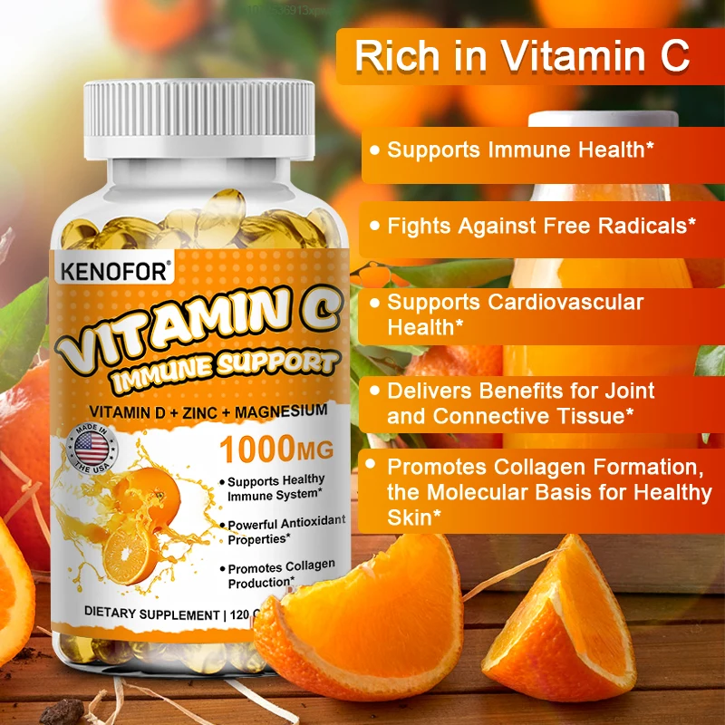 Vitamin C - 1000 Mg, 120 Capsules, Immune System and Collagen Booster, Highly Absorbable Fat Soluble Vitamin C, Skin Vitamin