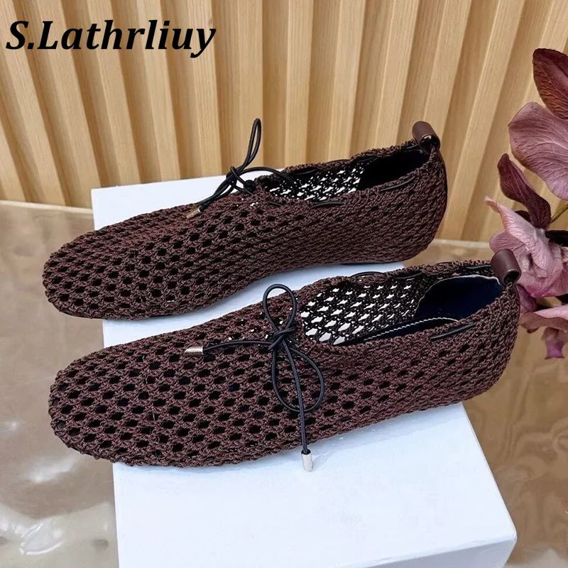 Flat Shoes Women's Crochet Mesh Lace-Up Flats Hollow Out Woven Square Toe Casual Summer Beach Shoes Breathable Vacation Mules