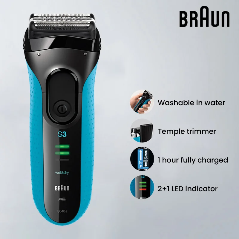 Braun 3020S Electric Shaver S3 Dry Wet Shaving Machine Rechargeable Men's Razor 3 Floating Cutting Heads 5 Min Quick Charging